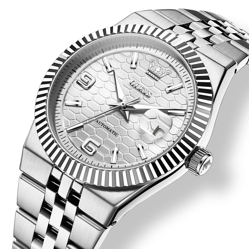 OLEVS 7105 Fluted Bezel Automatic Mechanical Luxury Dress Watch for Men - All Silver Watch | Olevs Watch Store