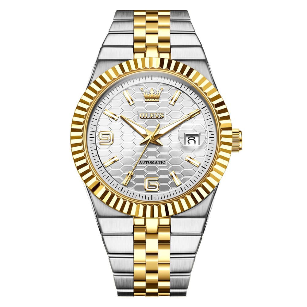 OLEVS 7105 Fluted Bezel Automatic Mechanical Luxury Dress Watch for Men - All Silver Watch | Olevs Watch Store
