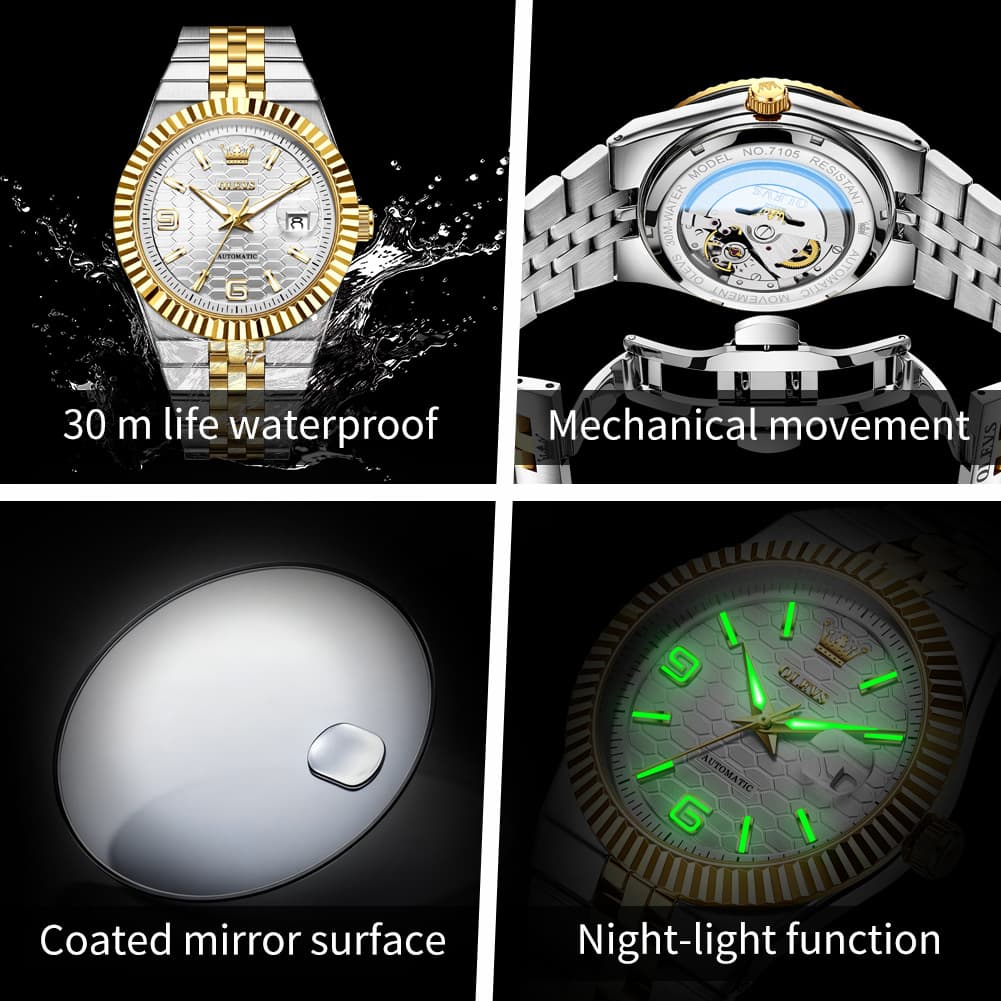 OLEVS 7105 Fluted Bezel Automatic Mechanical Luxury Dress Watch for Men - All Silver Watch | Olevs Watch Store