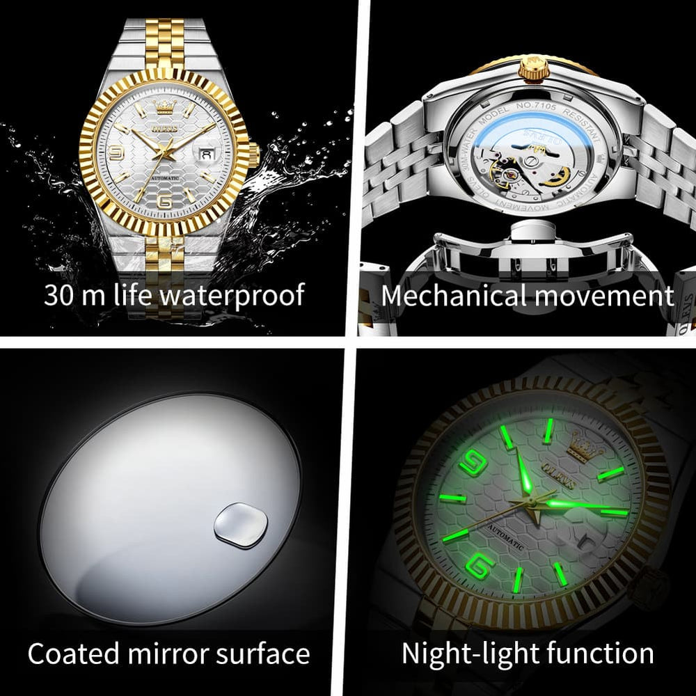 OLEVS 7105 Fluted Bezel Automatic Mechanical Luxury Dress Watch for Men - All Silver Watch | Olevs Watch Store