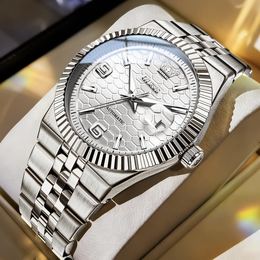 OLEVS 7105 Fluted Bezel Automatic Mechanical Luxury Dress Watch for Men - All Silver Watch | Olevs Watch Store