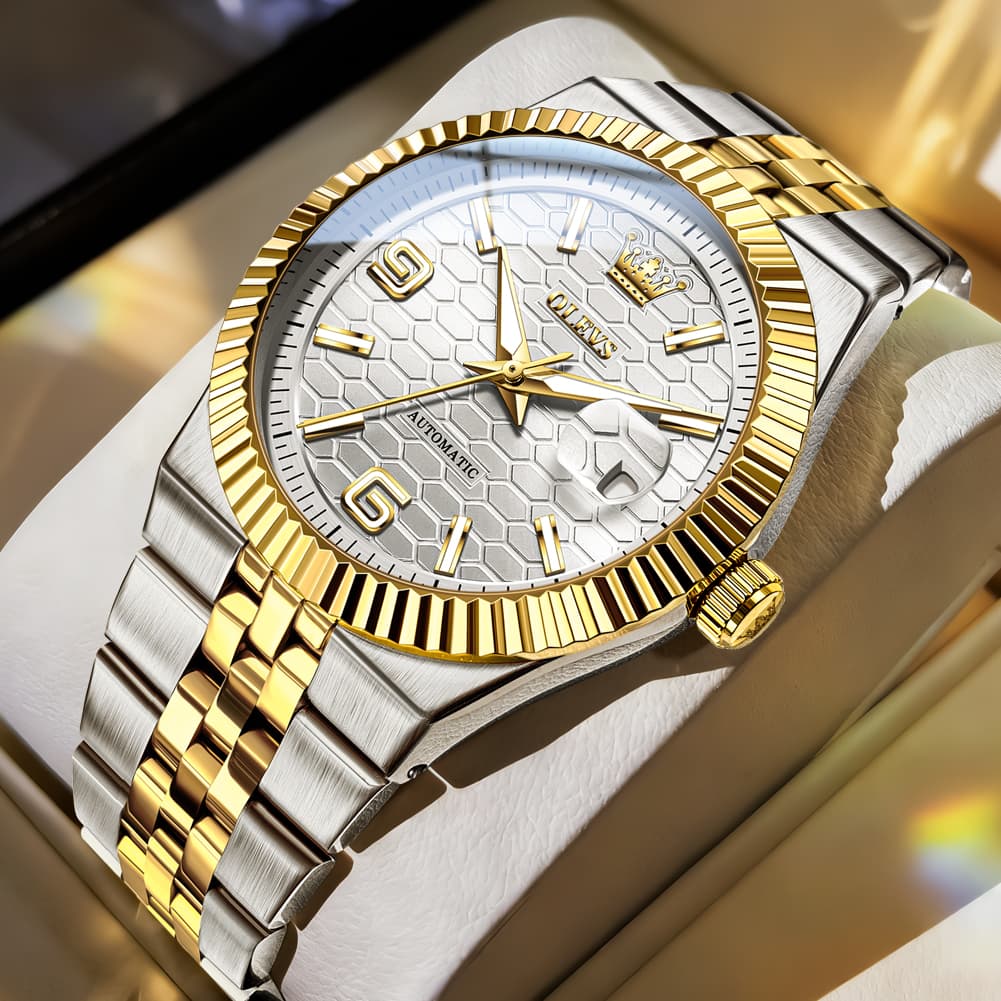 OLEVS 7105 Fluted Bezel Automatic Mechanical Luxury Dress Watch for Men - Two Tone Gold Watch | Olevs Watch Store