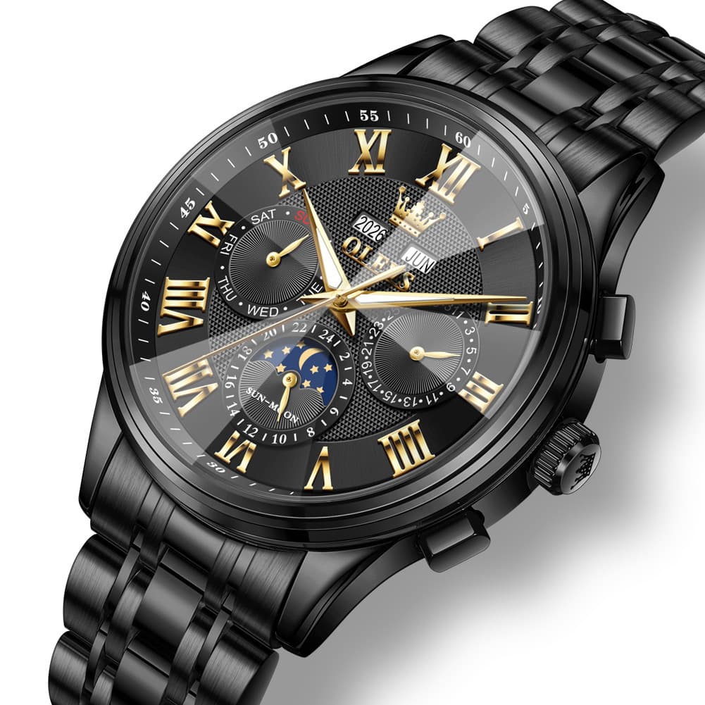 OLEVS 7113 Diamond Cut Glass Moon Phase Automatic Mechanical Watch for Men - All Black Watch | Olevs Watch Store