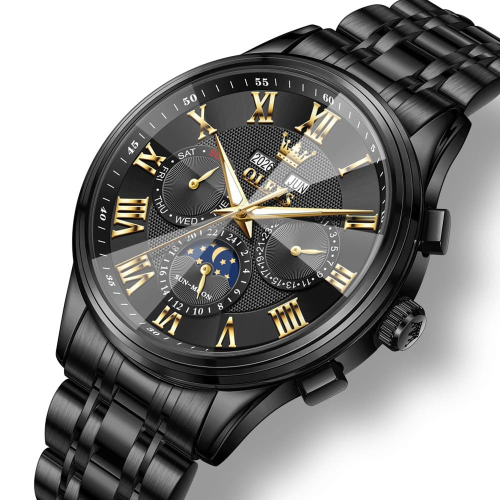 OLEVS 7113 Diamond Cut Glass Moon Phase Automatic Mechanical Watch for Men - All Black Watch | Olevs Watch Store