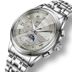 OLEVS 7113 Diamond Cut Glass Moon Phase Automatic Mechanical Watch for Men - Silver gray Watch | Olevs Watch Store