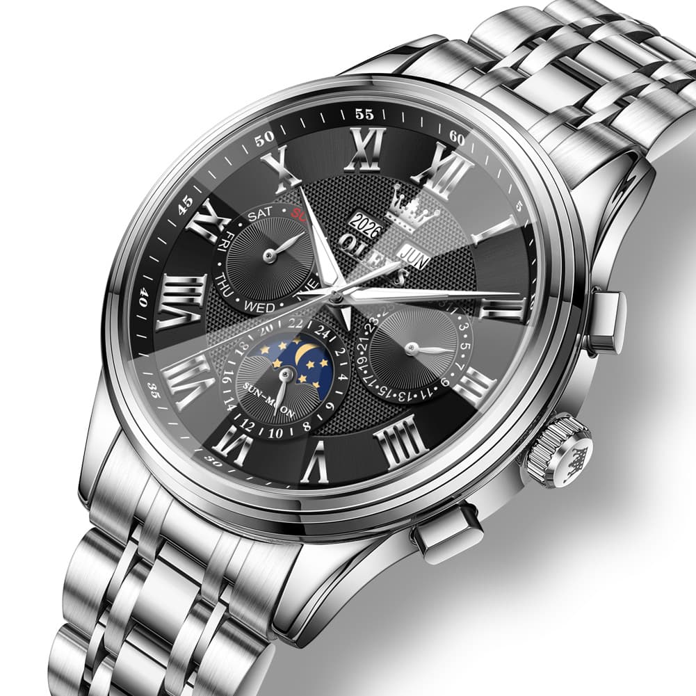 OLEVS 7113 Diamond Cut Glass Moon Phase Automatic Mechanical Watch for Men - Silver Black Watch | Olevs Watch Store