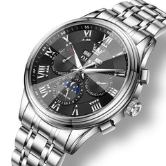 OLEVS 7113 Diamond Cut Glass Moon Phase Automatic Mechanical Watch for Men - Silver Black Watch | Olevs Watch Store