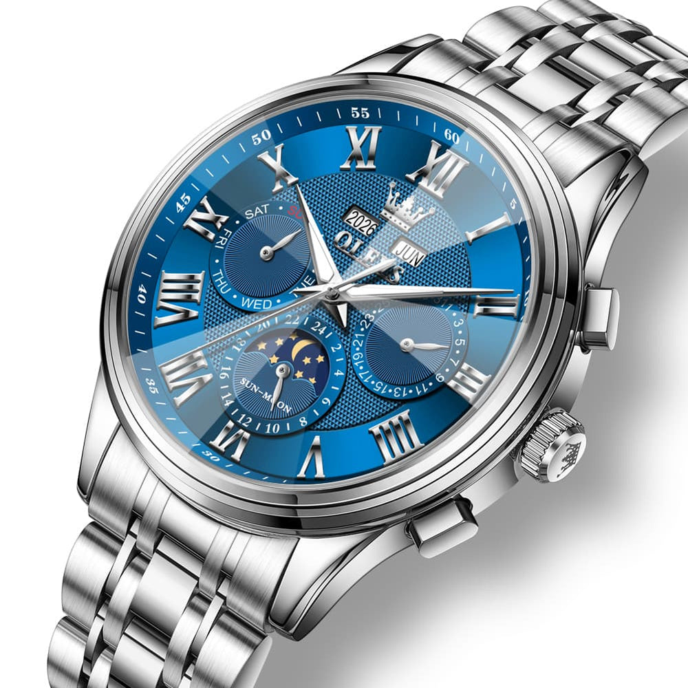 OLEVS 7113 Diamond Cut Glass Moon Phase Automatic Mechanical Watch for Men - Silver Blue Watch | Olevs Watch Store