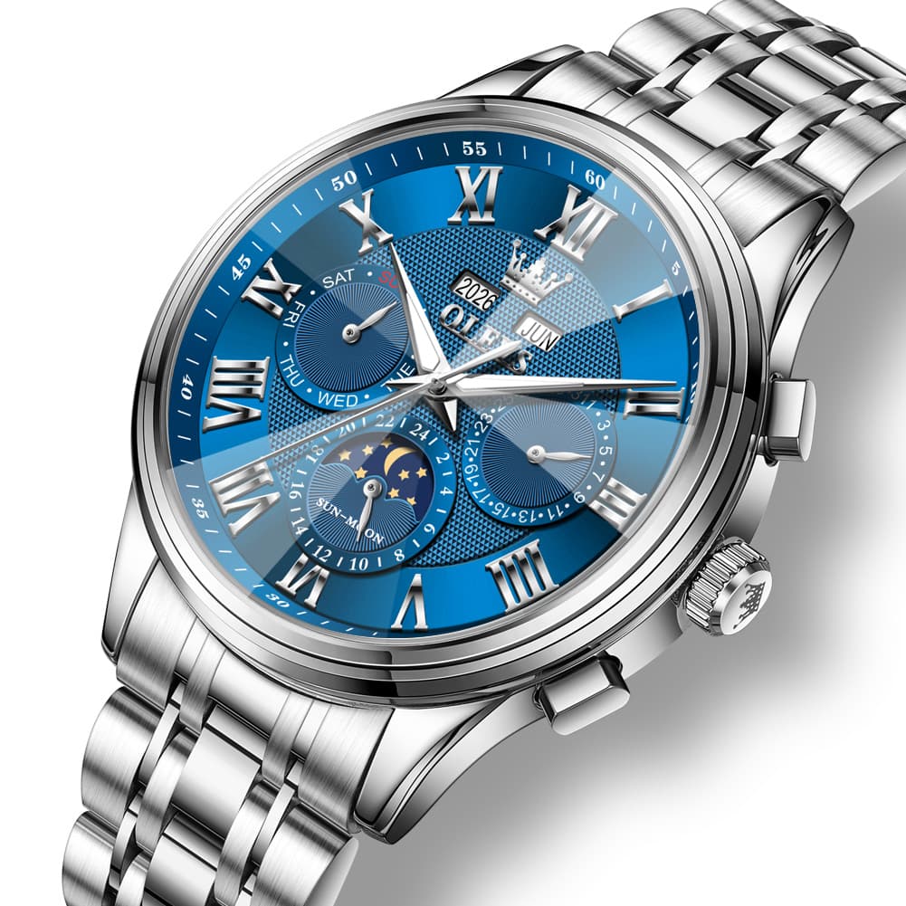 OLEVS 7113 Diamond Cut Glass Moon Phase Automatic Mechanical Watch for Men - Silver Blue Watch | Olevs Watch Store
