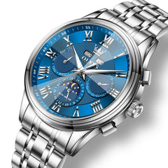 OLEVS 7113 Diamond Cut Glass Moon Phase Automatic Mechanical Watch for Men - Silver Blue Watch | Olevs Watch Store