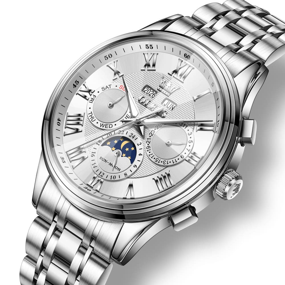 OLEVS 7113 Diamond Cut Glass Moon Phase Automatic Mechanical Watch for Men - Silver White Watch | Olevs Watch Store