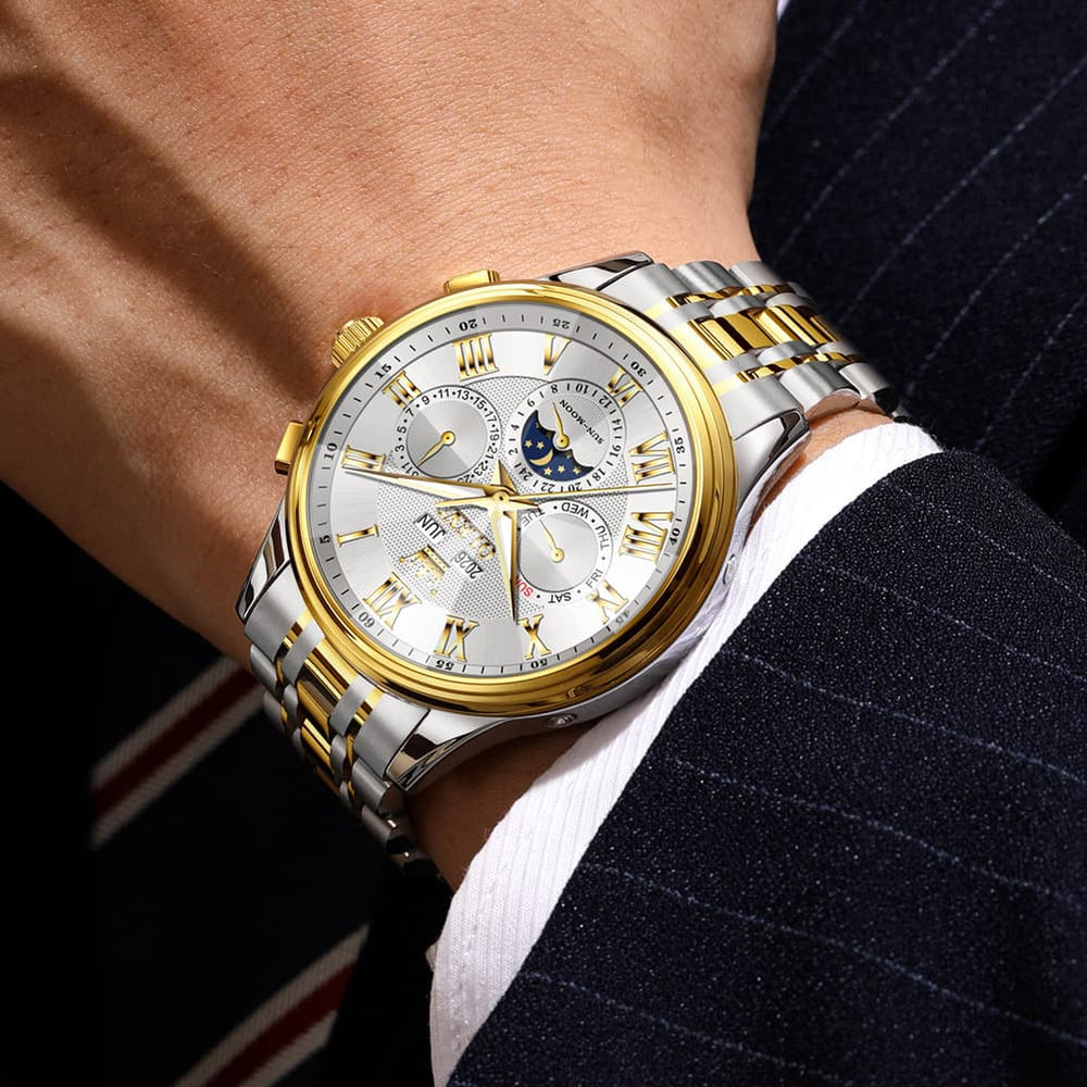 OLEVS 7113 Diamond Cut Glass Moon Phase Automatic Mechanical Watch for Men - Two Tone Gold Watch | Olevs Watch Store