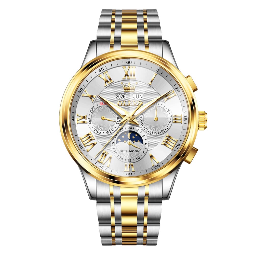 OLEVS 7113 Diamond Cut Glass Moon Phase Automatic Mechanical Watch for Men - Two Tone Gold Watch | Olevs Watch Store
