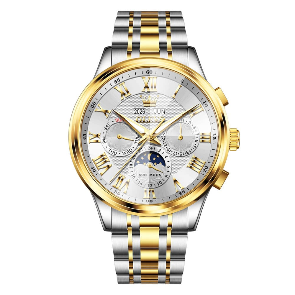 OLEVS 7113 Diamond Cut Glass Moon Phase Automatic Mechanical Watch for Men - Two Tone Gold Watch | Olevs Watch Store
