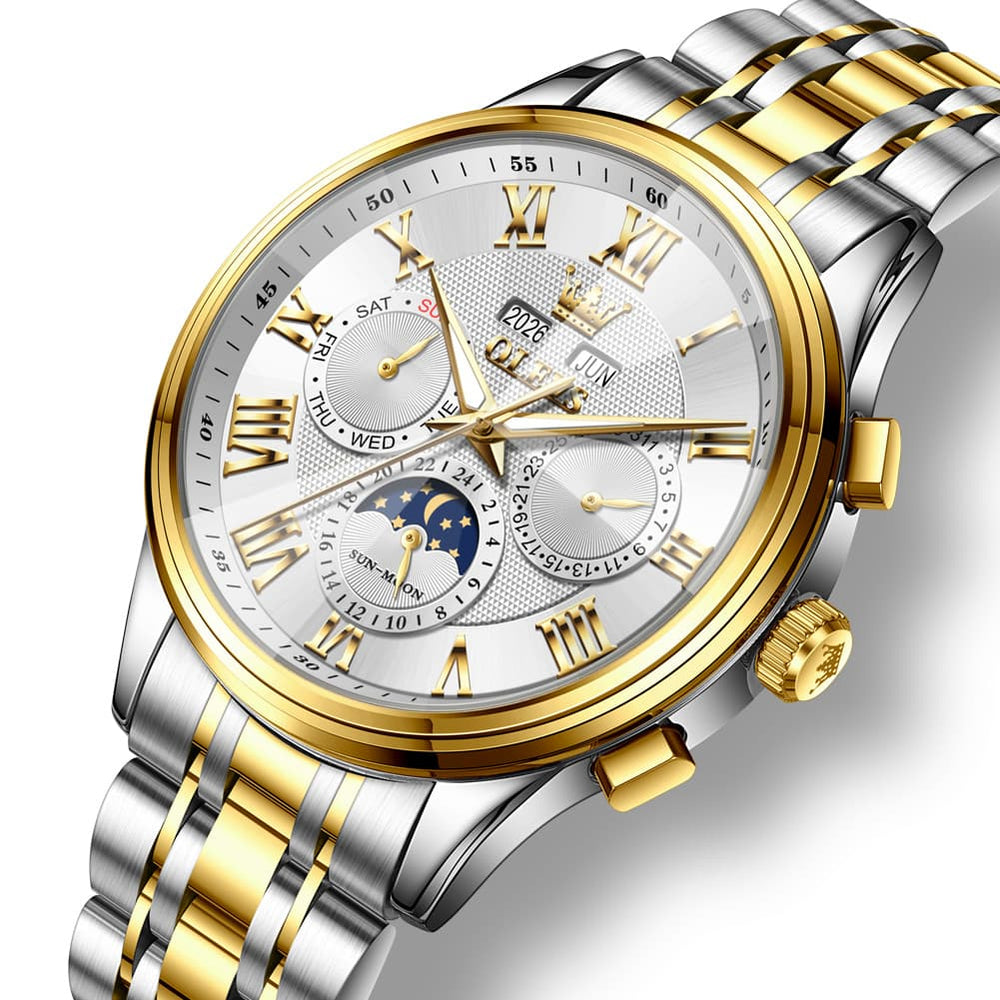 OLEVS 7113 Diamond Cut Glass Moon Phase Automatic Mechanical Watch for Men - Two Tone Gold Watch | Olevs Watch Store