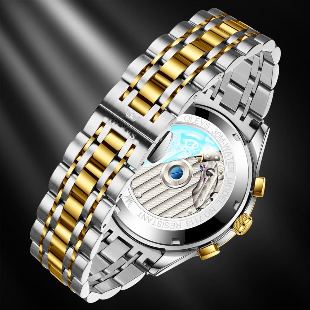 OLEVS 7113 Diamond Cut Glass Moon Phase Automatic Mechanical Watch for Men - Two Tone Gold Watch | Olevs Watch Store