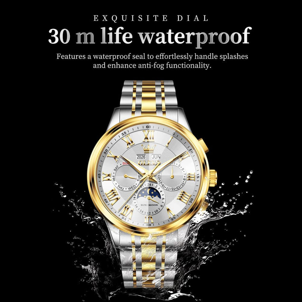 OLEVS 7113 Diamond Cut Glass Moon Phase Automatic Mechanical Watch for Men - Two Tone Gold Watch | Olevs Watch Store