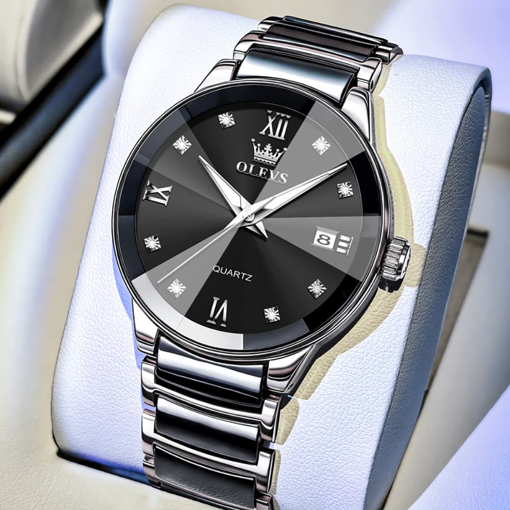 OLEVS 7114 Ceramic Link Watch Couple Date Diamond Accent Quartz Luxury Timepiece for Men and Women - Olevs Watch Store