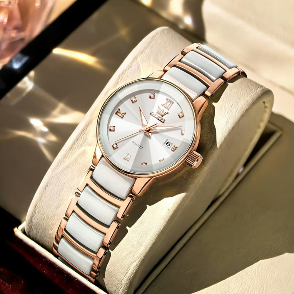 OLEVS 7114 Ceramic Link Watch Couple Date Diamond Accent Quartz Luxury Timepiece for Men and Women - Olevs Watch Store