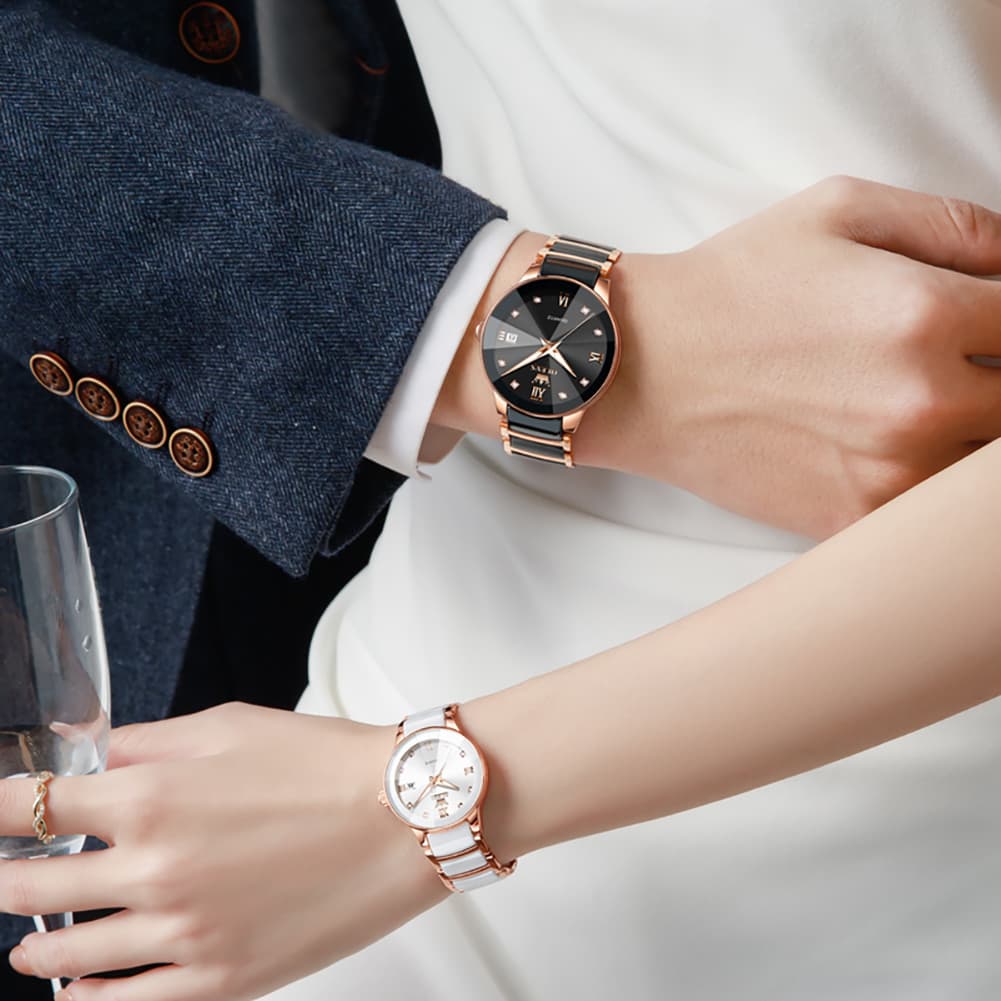 OLEVS 7114 Ceramic Link Watch Couple Date Diamond Accent Quartz Luxury Timepiece for Men and Women - Olevs Watch Store