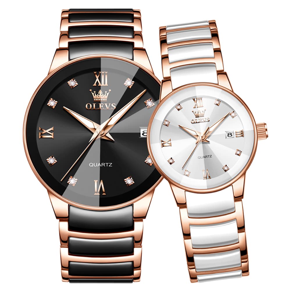 OLEVS 7114 Ceramic Link Watch Couple Date Diamond Accent Quartz Luxury Timepiece for Men and Women - Olevs Watch Store