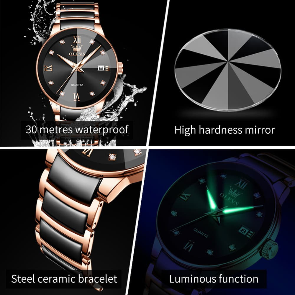 OLEVS 7114 Ceramic Link Watch Couple Date Diamond Accent Quartz Luxury Timepiece for Men and Women - Olevs Watch Store