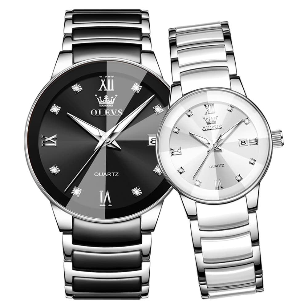 OLEVS 7114 Ceramic Link Watch Couple Date Diamond Accent Quartz Luxury Timepiece for Men and Women - Olevs Watch Store