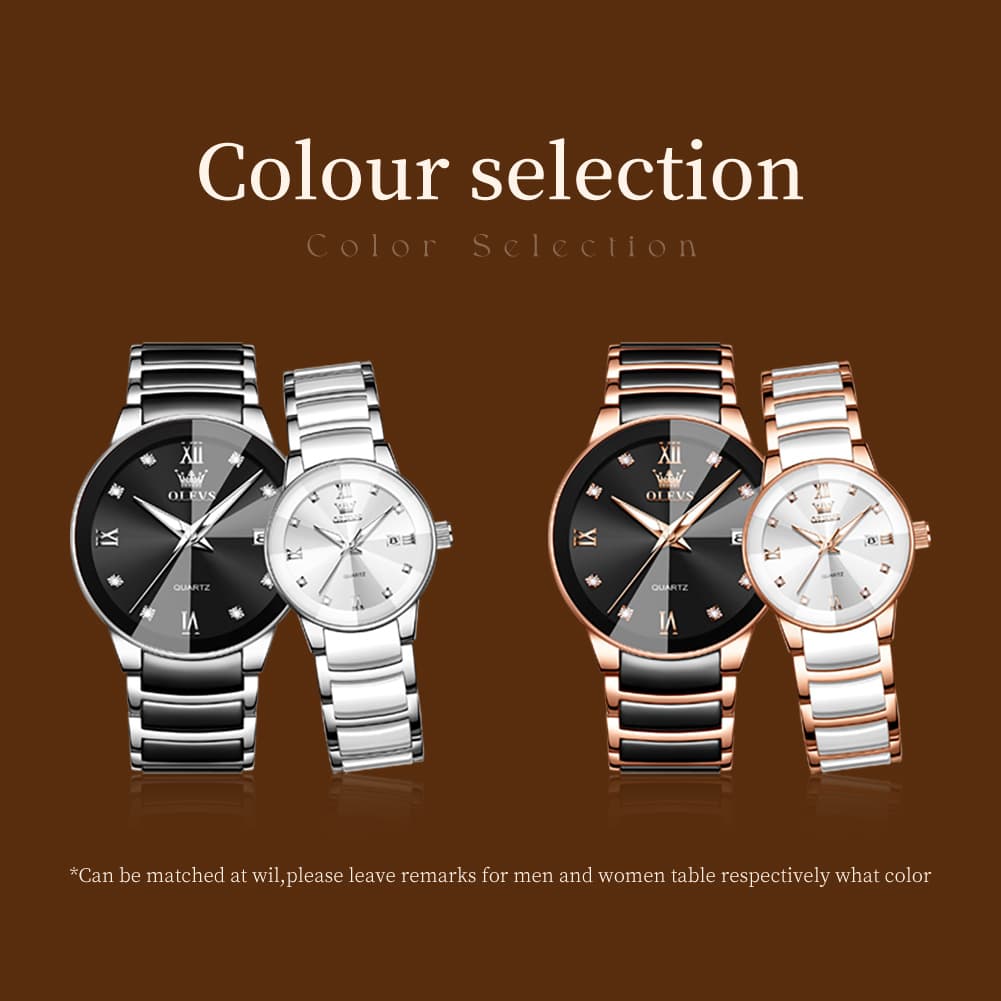 OLEVS 7114 Ceramic Link Watch Couple Date Diamond Accent Quartz Luxury Timepiece for Men and Women - Olevs Watch Store