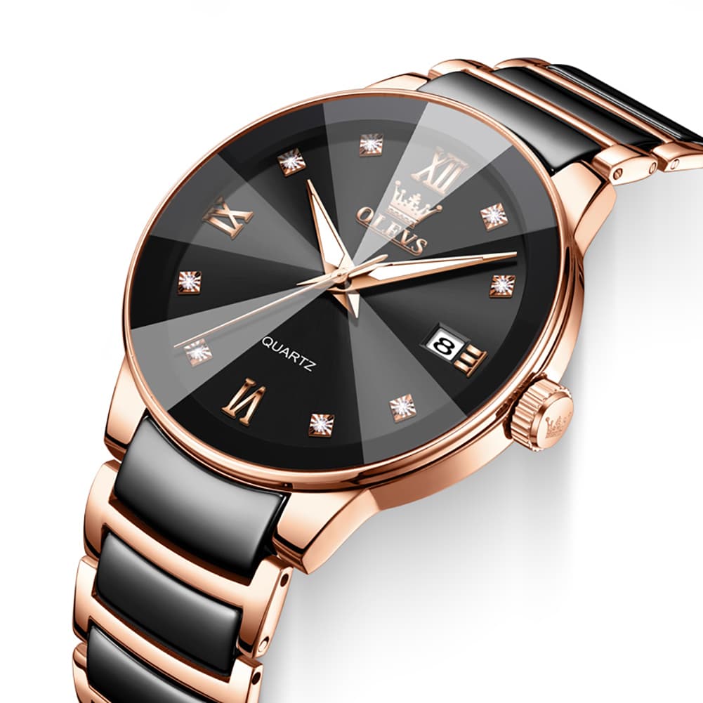 OLEVS 7114 Ceramic Link Watch Couple Date Diamond Accent Quartz Luxury Timepiece for Men and Women - Olevs Watch Store