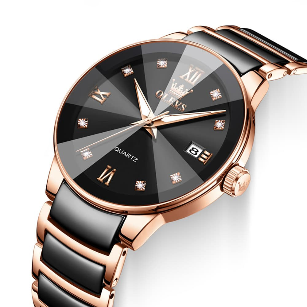 OLEVS 7114 Ceramic Link Watch Couple Date Diamond Accent Quartz Luxury Timepiece for Men and Women - Olevs Watch Store