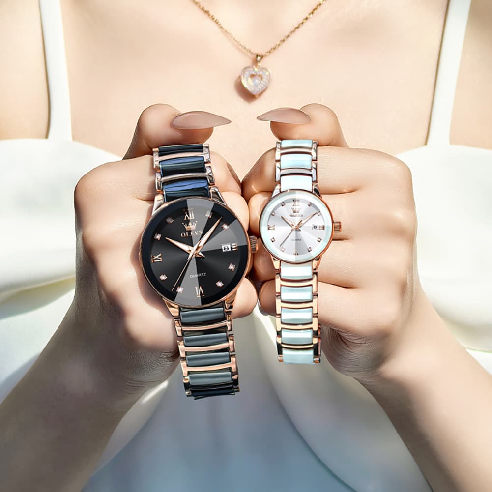 OLEVS 7114 Ceramic Link Watch Couple Date Diamond Accent Quartz Luxury Timepiece for Men and Women - Olevs Watch Store