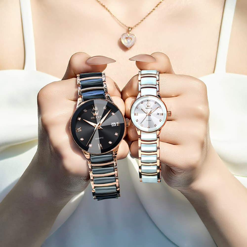 OLEVS 7114 Ceramic Link Watch Couple Date Diamond Accent Quartz Luxury Timepiece for Men and Women - Olevs Watch Store