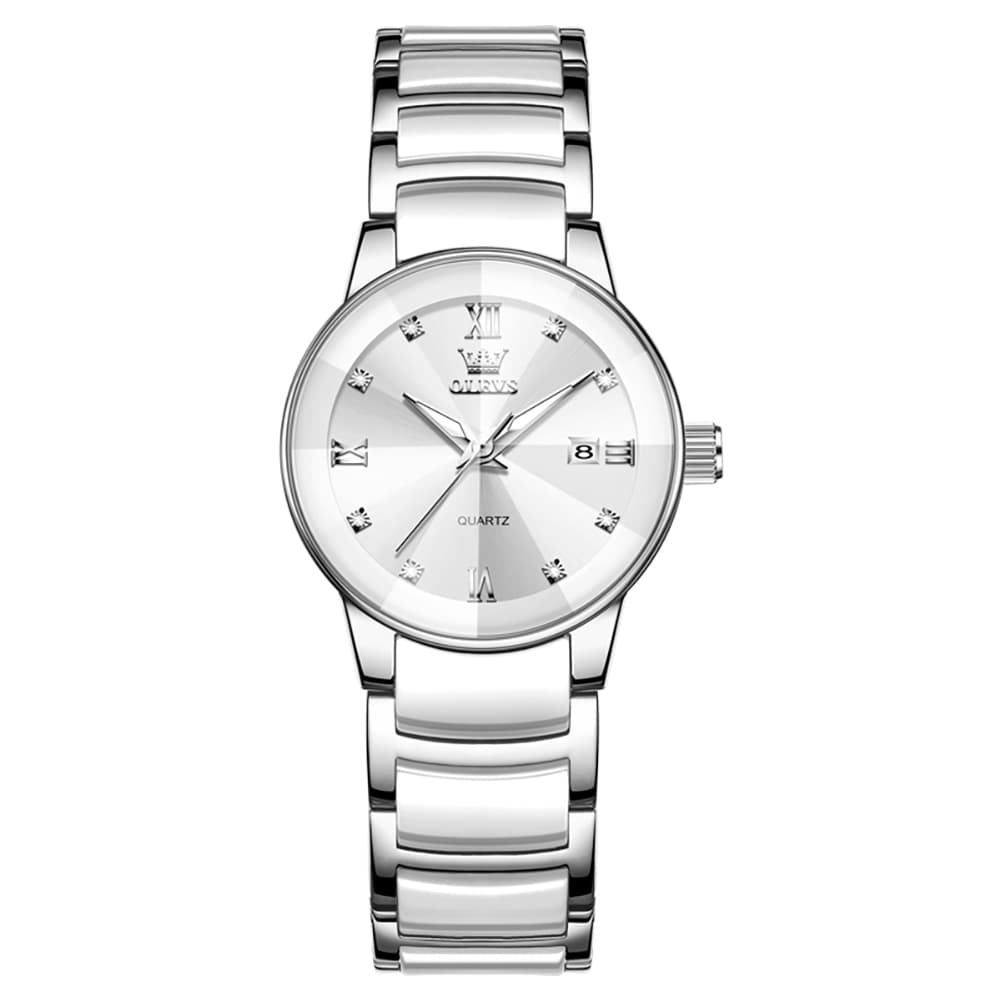 OLEVS 7114 Ceramic Link Watch Couple Date Diamond Accent Quartz Luxury Timepiece for Men and Women - Olevs Watch Store