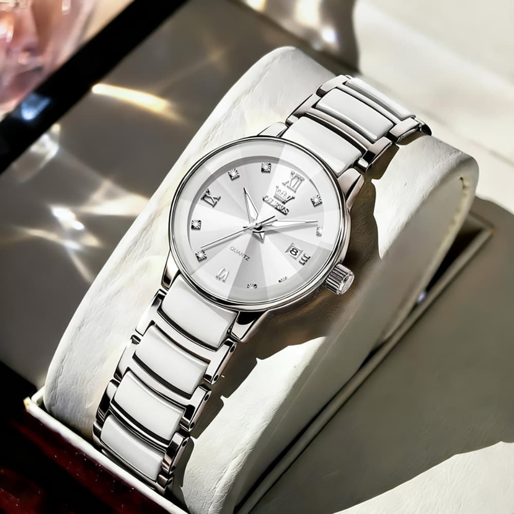 OLEVS 7114 Ceramic Link Watch Couple Date Diamond Accent Quartz Luxury Timepiece for Men and Women - Olevs Watch Store