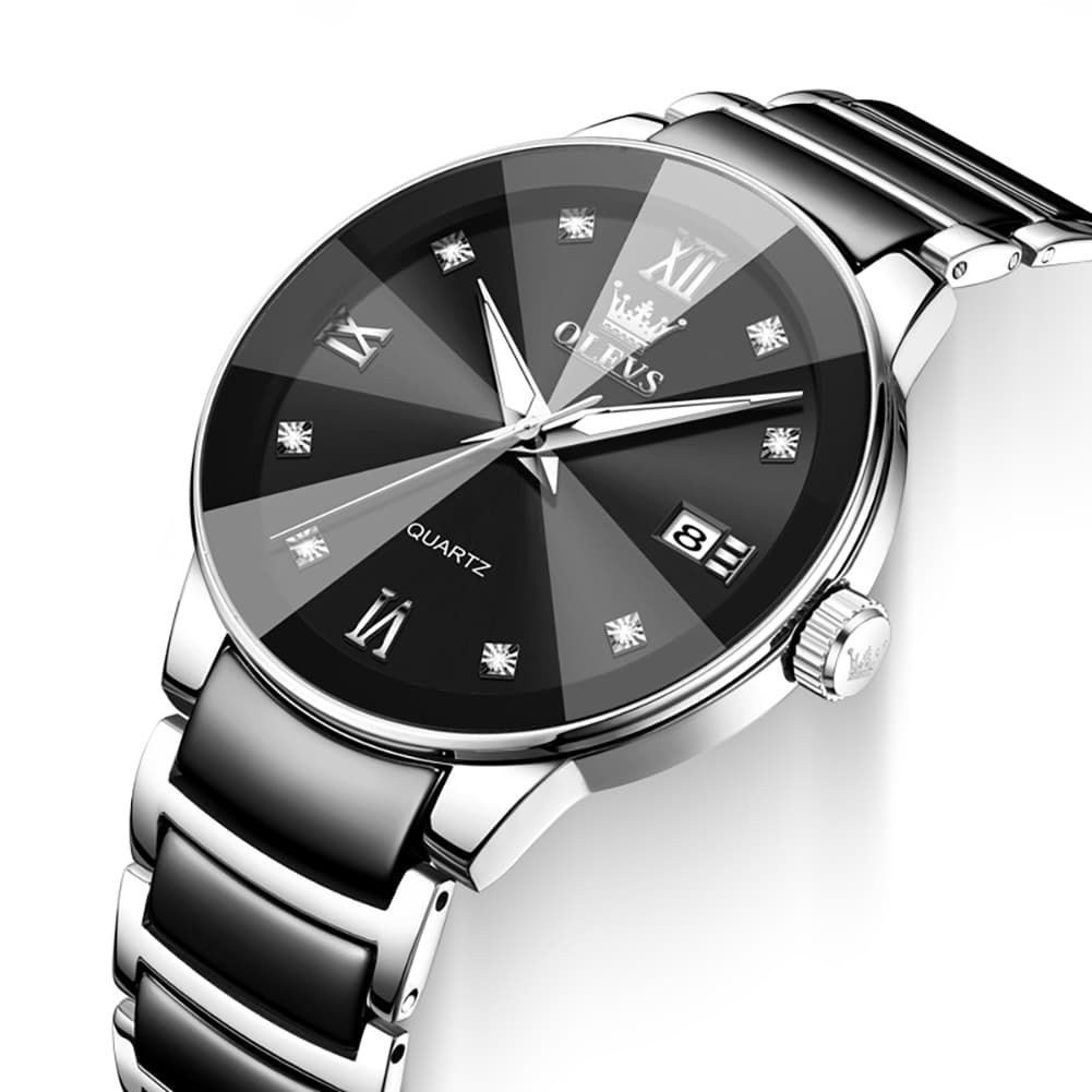 OLEVS 7114 Ceramic Link Watch Couple Date Diamond Accent Quartz Luxury Timepiece for Men and Women - Olevs Watch Store