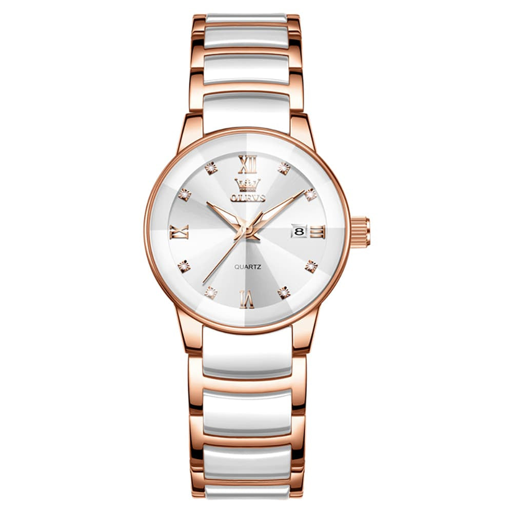 OLEVS 7114 Ceramic Link Watch Couple Date Diamond Accent Quartz Luxury Timepiece for Men and Women - Olevs Watch Store