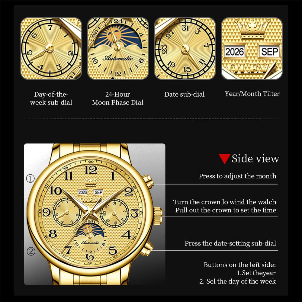 OLEVS 7126 Multifunction Automatic Mechanical Watch for Men - All Black Watch | Olevs Watch Store