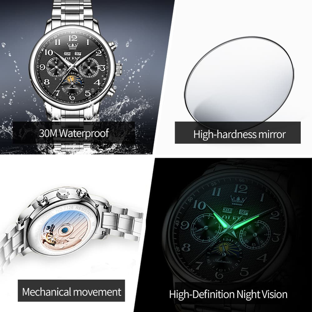 OLEVS 7126 Multifunction Automatic Mechanical Watch for Men - All Black Watch | Olevs Watch Store
