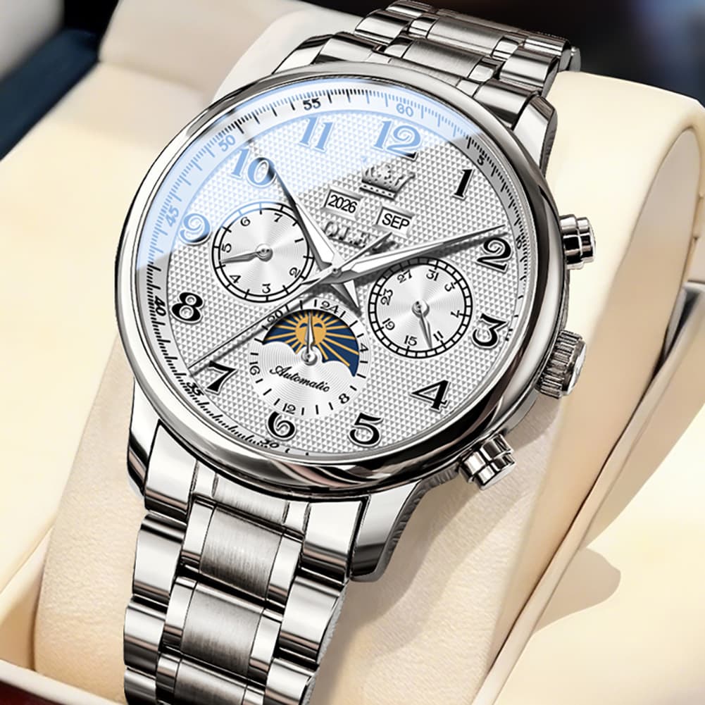 OLEVS 7126 Multifunction Automatic Mechanical Watch for Men - Silver White Watch | Olevs Watch Store