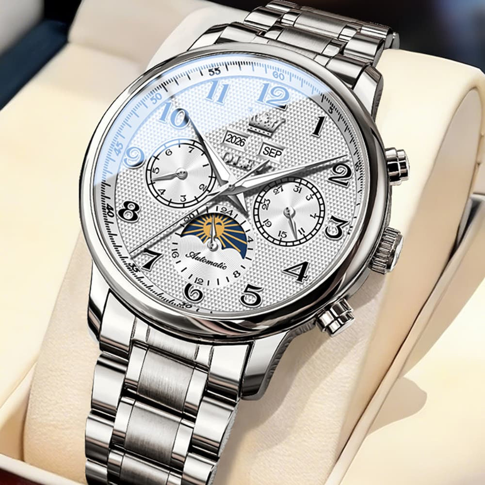 OLEVS 7126 Multifunction Automatic Mechanical Watch for Men - Silver White Watch | Olevs Watch Store