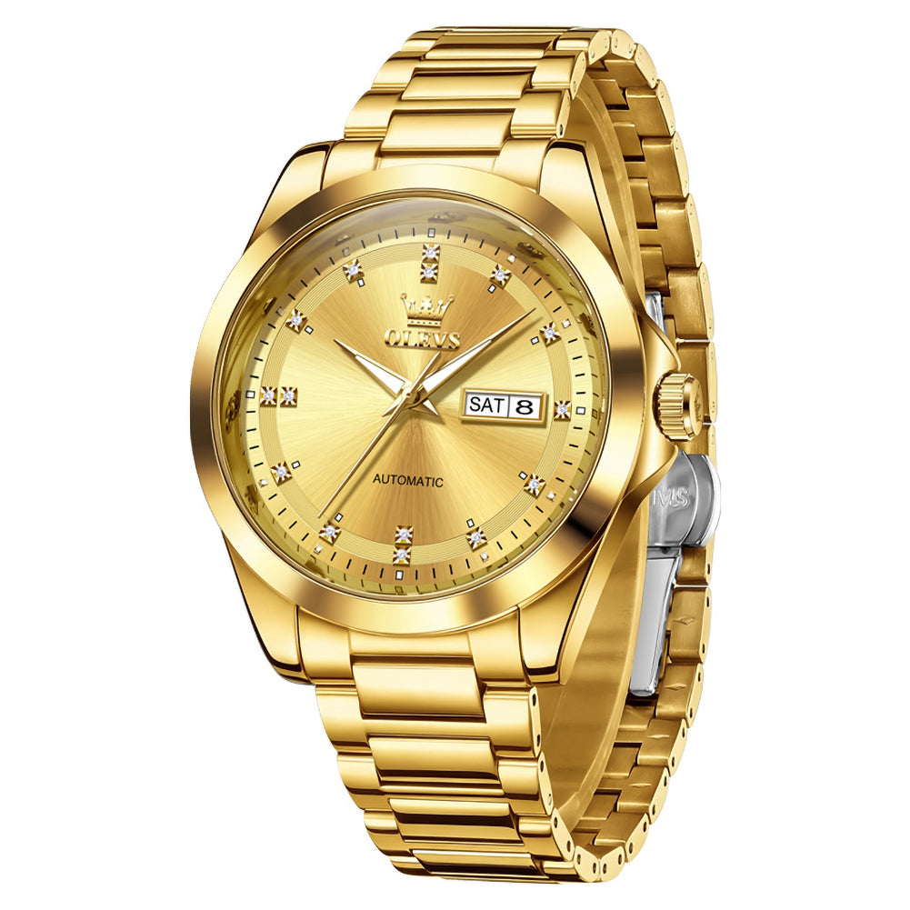 Gold automatic day date watch front view - OLEVS 7136