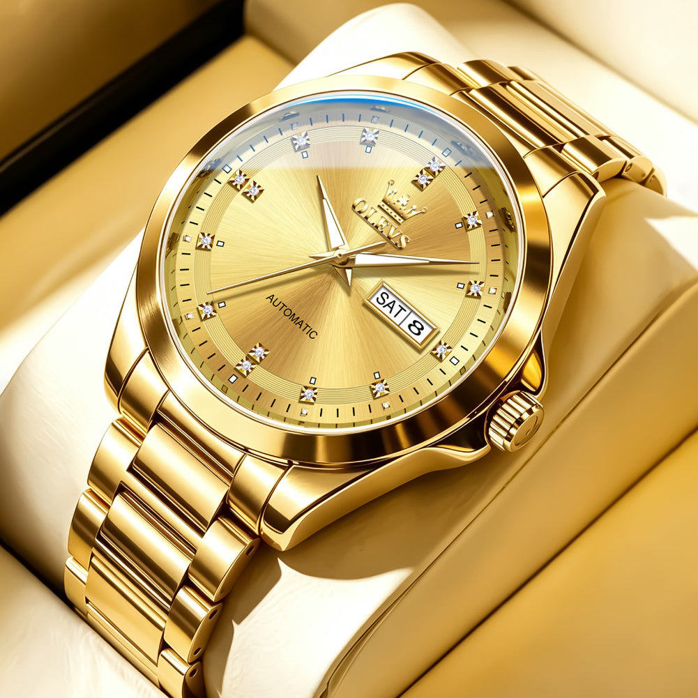 Gold automatic watch studio closeup - OLEVS 7136