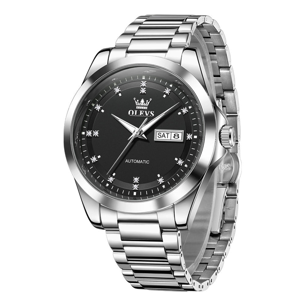 Silver Black automatic day date watch front view - OLEVS 7136