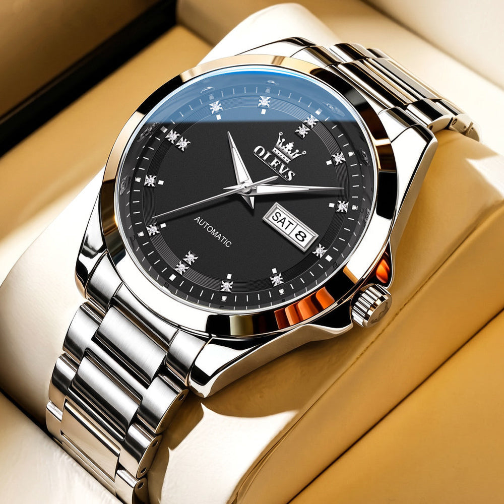 Silver Black watch studio closeup - OLEVS 7136