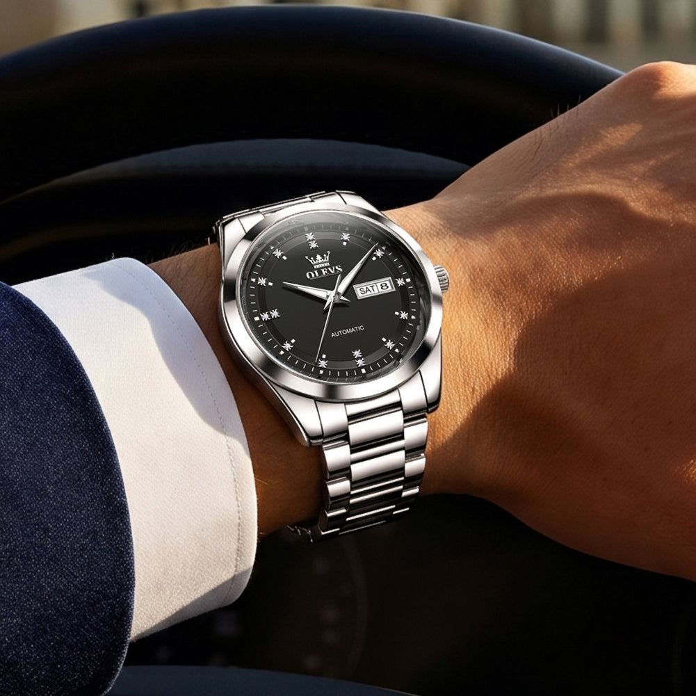 Silver Black watch worn with business attire - OLEVS 7136