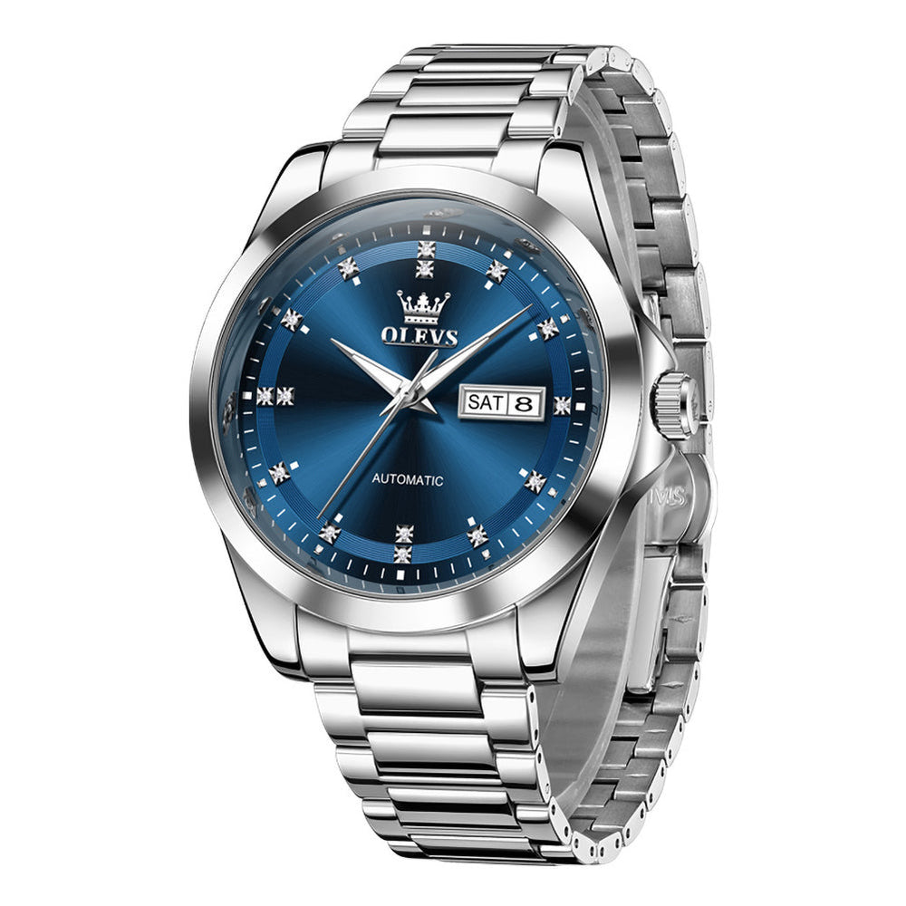 Silver Blue automatic day date watch front view - OLEVS 7136