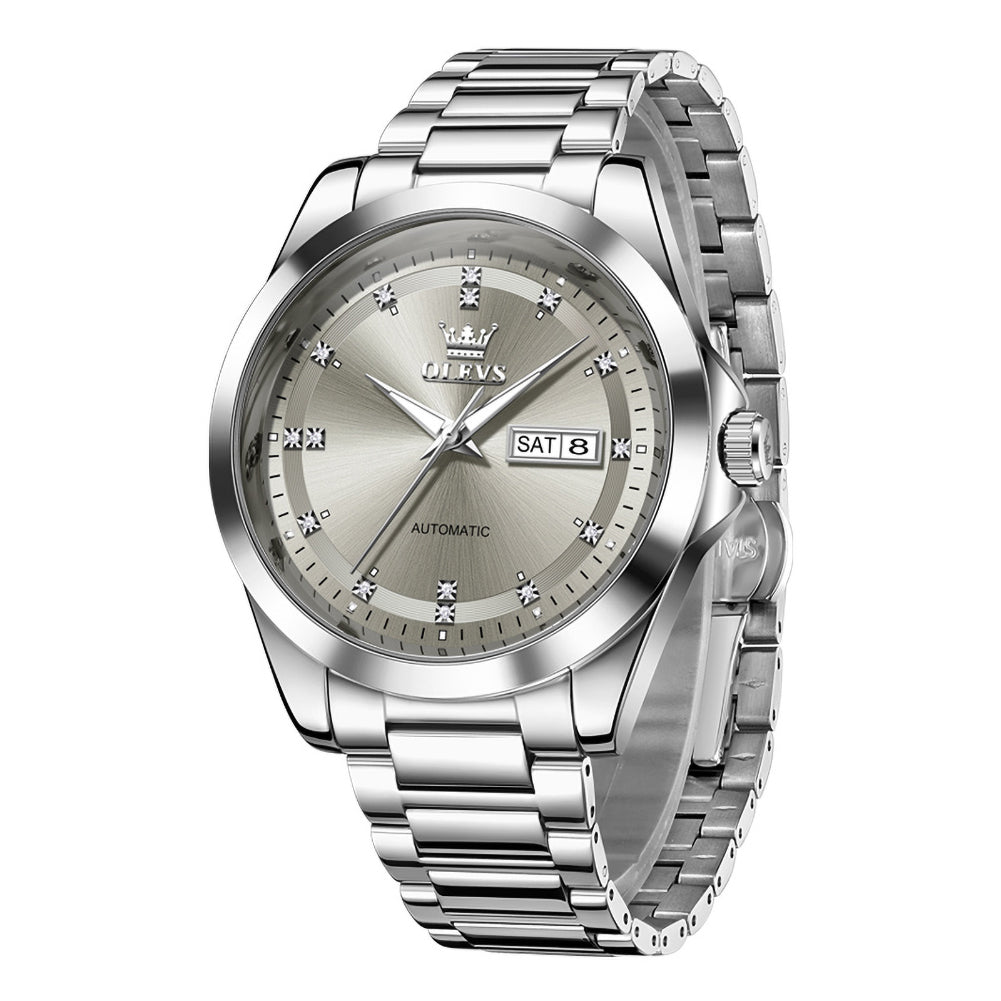 Silver Gray automatic day date watch front view - OLEVS 7136