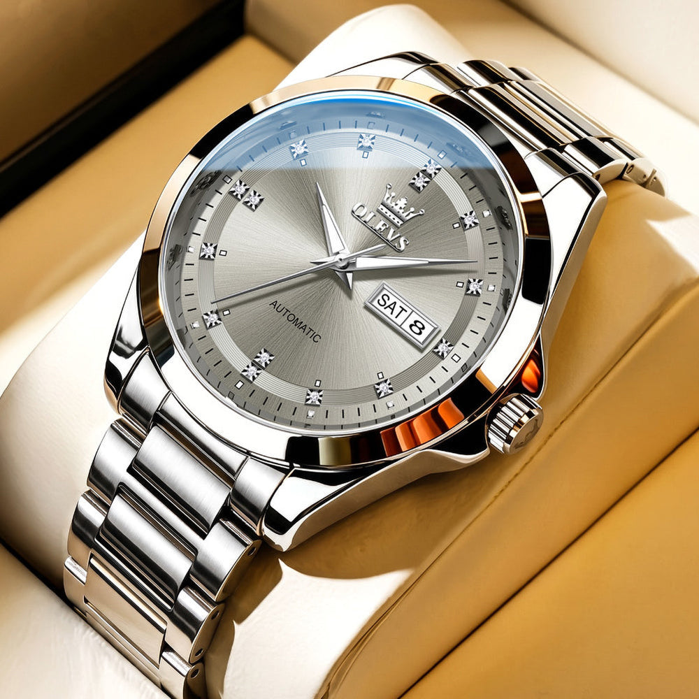 Silver Gray watch studio closeup - OLEVS 7136