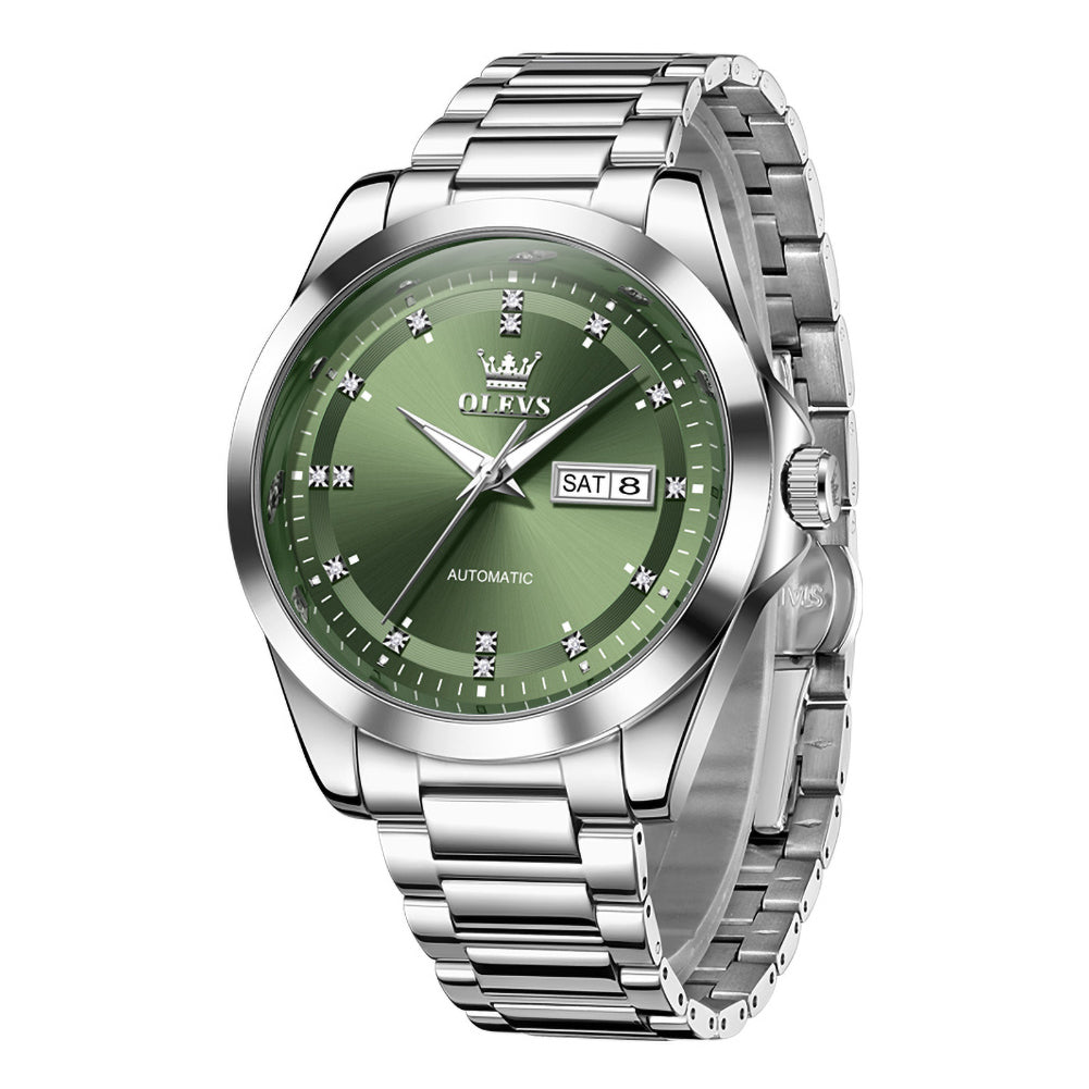Silver Green automatic day date watch front view - OLEVS 7136