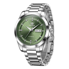 Silver Green automatic day date watch front view - OLEVS 7136